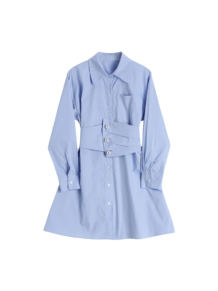 

Women's Korean Lantern Sleeve Elasticity Belt Irregular Swing Shirt Dress Ladies Designer Casual Mini Bandage Dresses Autumn