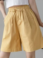 doornot cotton linen shorts women summer drawstring high waist straight loose safari style wide leg knee length pants female