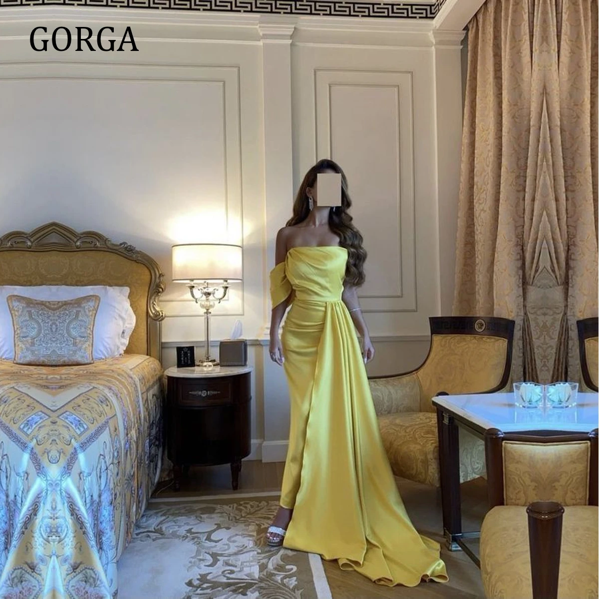 

GORGA Evening Dresses Formal Occasion Elegant Party for Women Prom Court Train Off-the-shoulder Pleat Asymmetrical Yellow Empire