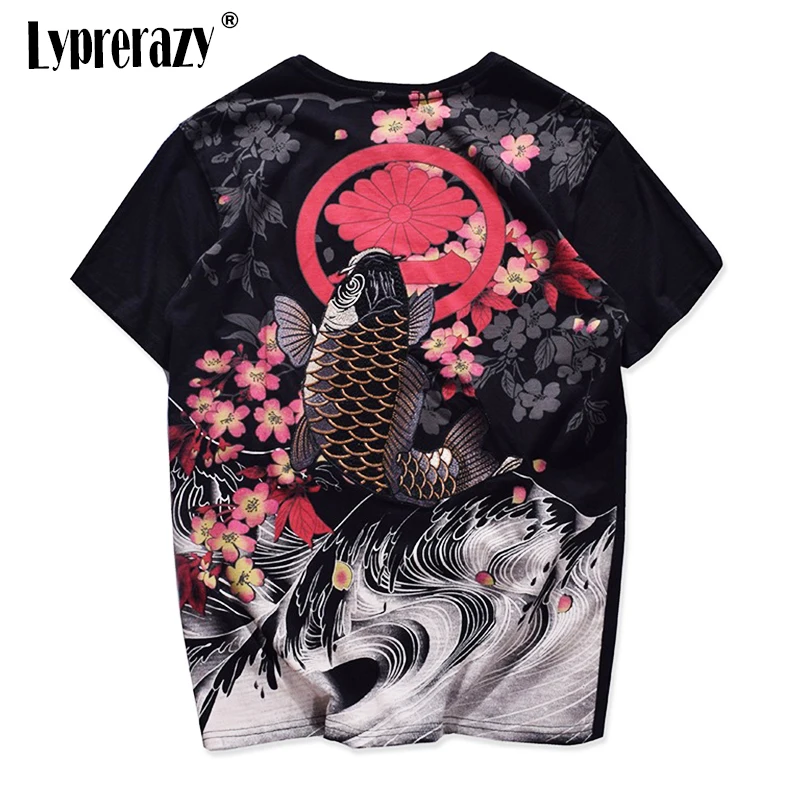 

Lyprerazy японский Harajuku Ukiyoe винтажная Мужская футболка с цветочным принтом с вышивкой карпа рыбы с коротким рукавом в китайском стиле футболка