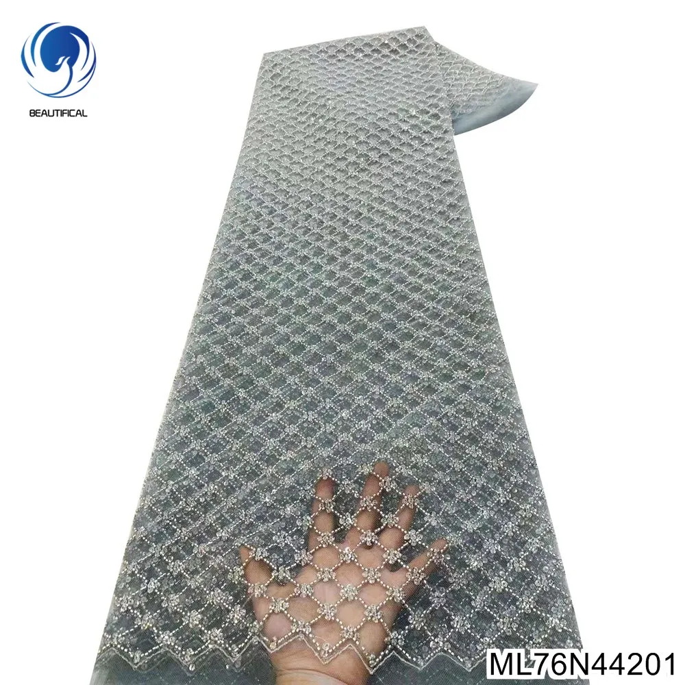 

Superior Sense of Royal Gray Fishing Net Design French Heavy Beaded Nigerian Sequins Tulle Lace Fabric Wedding Dress ML76N442