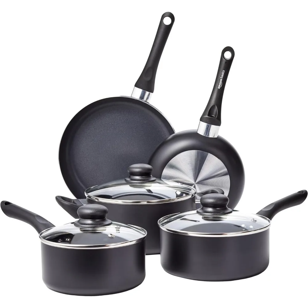

Pots and Pans Kitchen Cookware Set Basics Non-Stick Cookware 8-Piece Set Black Pots Sets for Cooking Accessories Pot Pan Dining