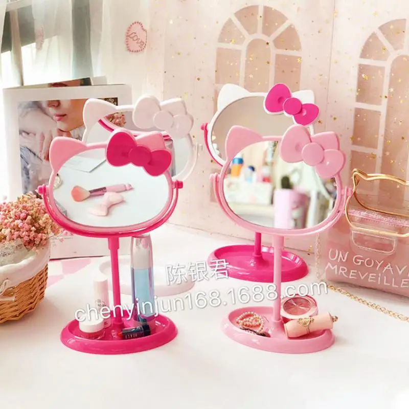 Kawaii Sanriod Hello Kitty Cute Kt Bow Makeup Mirror Desk Rotating Double Sided Mirror Dressing Table Accessories Toys for Girls