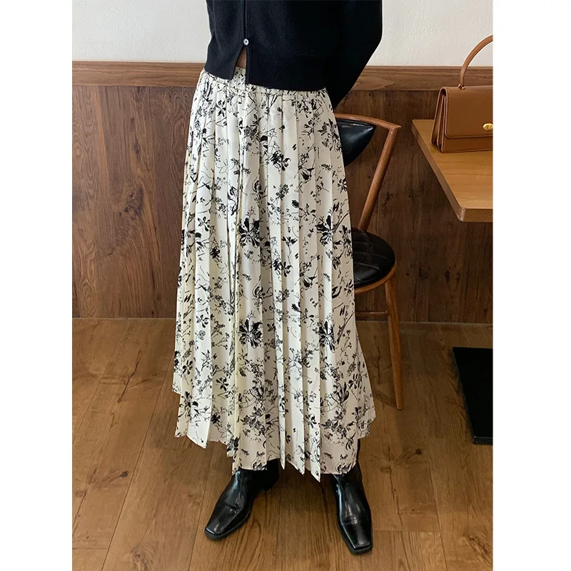 Floral skirt femininity high waist elastic pleated skirt