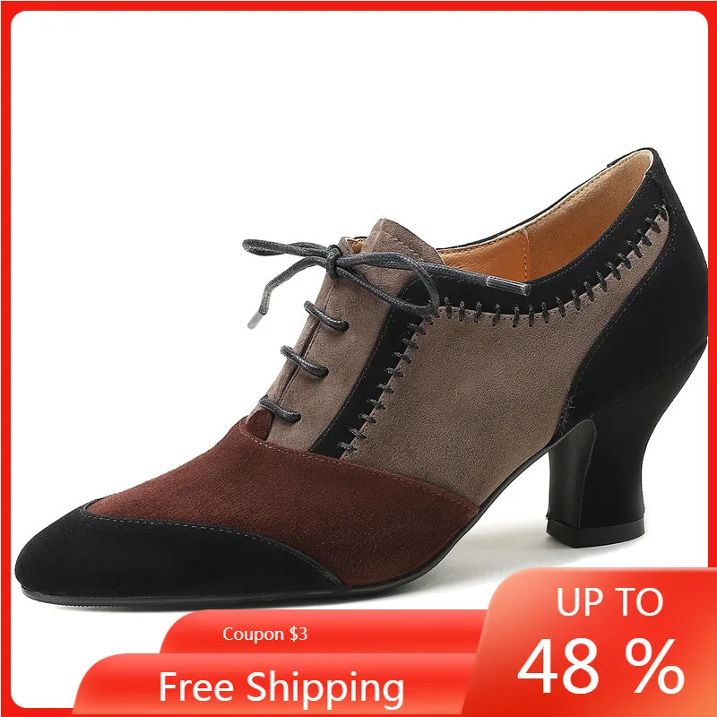 

ENMAYER Hot 2023 New Ethnic Kid Suede Lace Up Shoes Woman Spring Autumn Mixed Colors Shoes Ladies Thick High Heels Dress Pumps