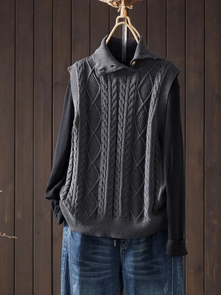 Ретро художественный дизайн свитер с высоким воротником жилет женский осень и