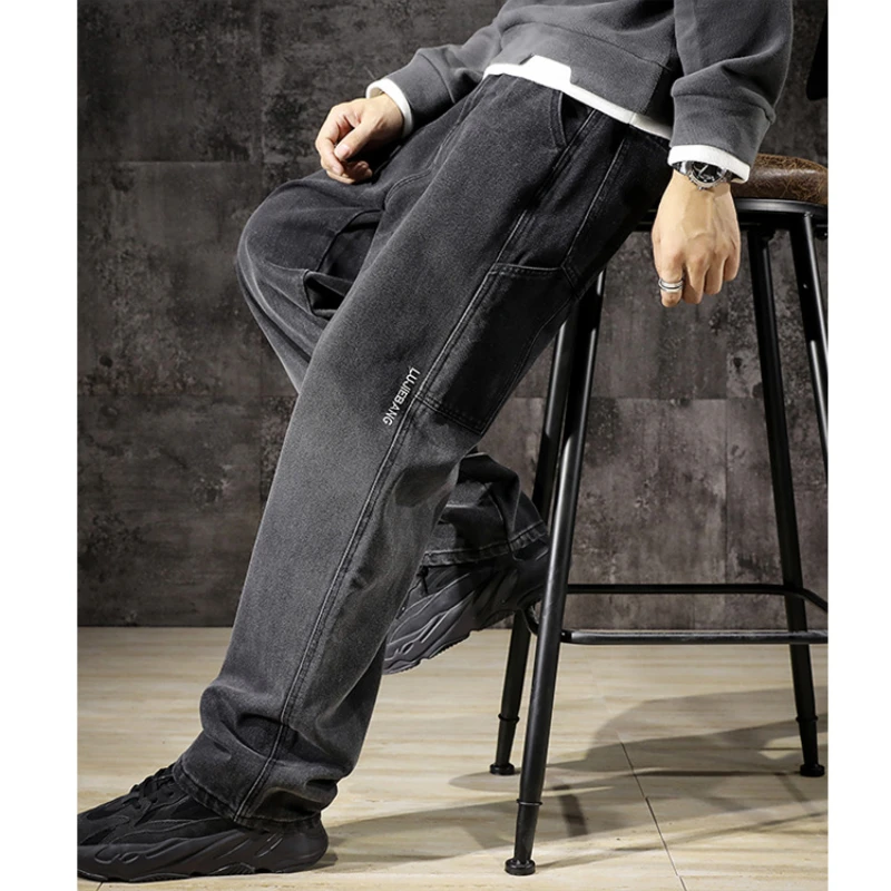 5XL 100% Cotton Jeans Men Large Size Loose Straight Leg Fall/winter Thickened Wide Leg Pants Trend Dad Casual Pants Style Men