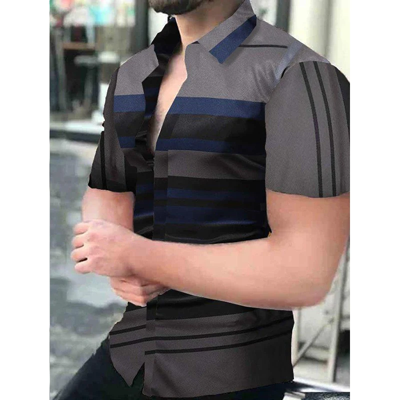 

Fashion Men Shirt Hawaii Buttons Shirts Casual Stripe Print Beach Short Sleeve Tops Blouses Men's Clothing Prom Cardigan Camisas