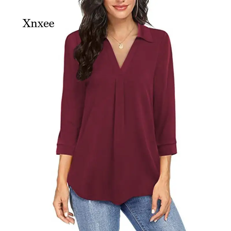

Элегантный пуловер рубашки для женщин шифоновая блузка однотонная винтажная Свободная рубашка с отложным воротником с рюшами Топ Офисная ...