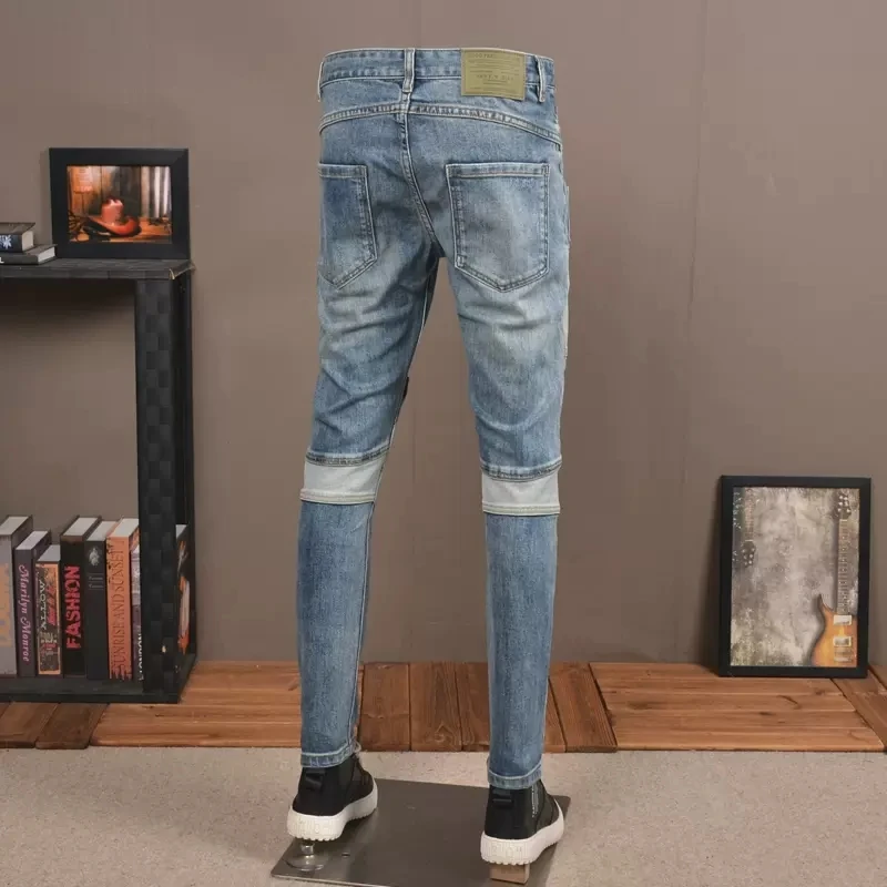 Fashion Designer Men Jeans Retro Blue Stretch Slim Fit Spliced Ripped Jeans Men Elastic Trousers Streetwear Hip Hop Pants Hombre