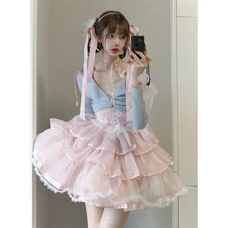 Kawaii lolita French Dress Sweet and Cute Fluffy Suspender Dress Slim Fitting Top Set Women's Summer Dress