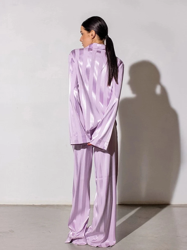 Loose Luxury Women's Purple Stripe Print Pajamas Set Satin Sleepwear 2 Piece Set Casual Female Long Sleeve Pants Suit Loungewear