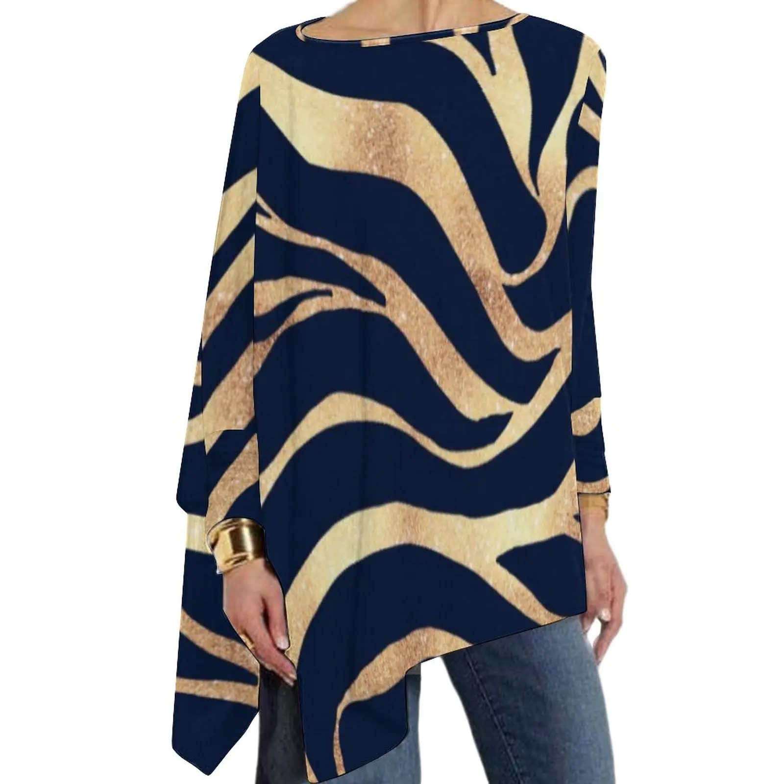 

Blue Gold Zebra T Shirts Animal Print Casual Long-Sleeve T Shirt Trendy Custom Tee Shirt Womens Clothing 4XL 5XL 6XL