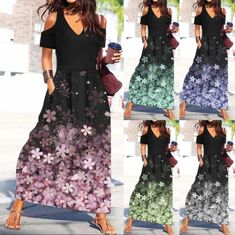 

Женское длинное платье с цветочным принтом, Элегантное повседневное пляжное платье макси в стиле бохо с открытыми плечами и V-образным выре...