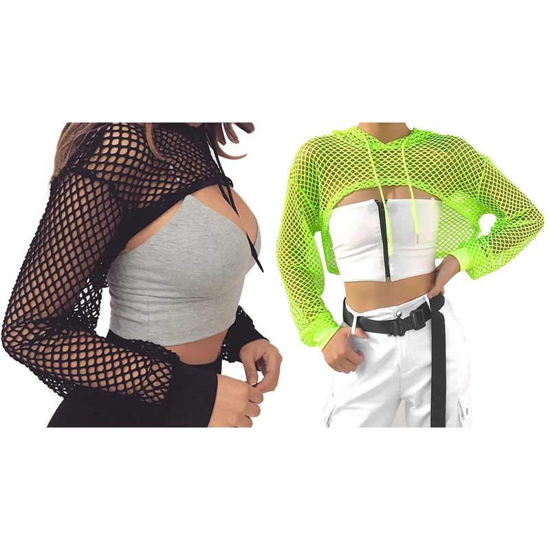 

2 Pcs Long Sleeve T Shirt Women Mesh Top Hooded Hollow Out Sexy Punk Rock Short Crop Top T-Shirt L, Black & Green