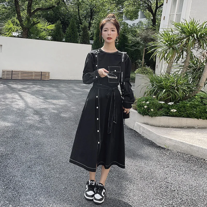 

SuperAen Autumn 2022 New Long Sleeve Dress Korean Fashion Casual OL Pockets Casual Black Dress