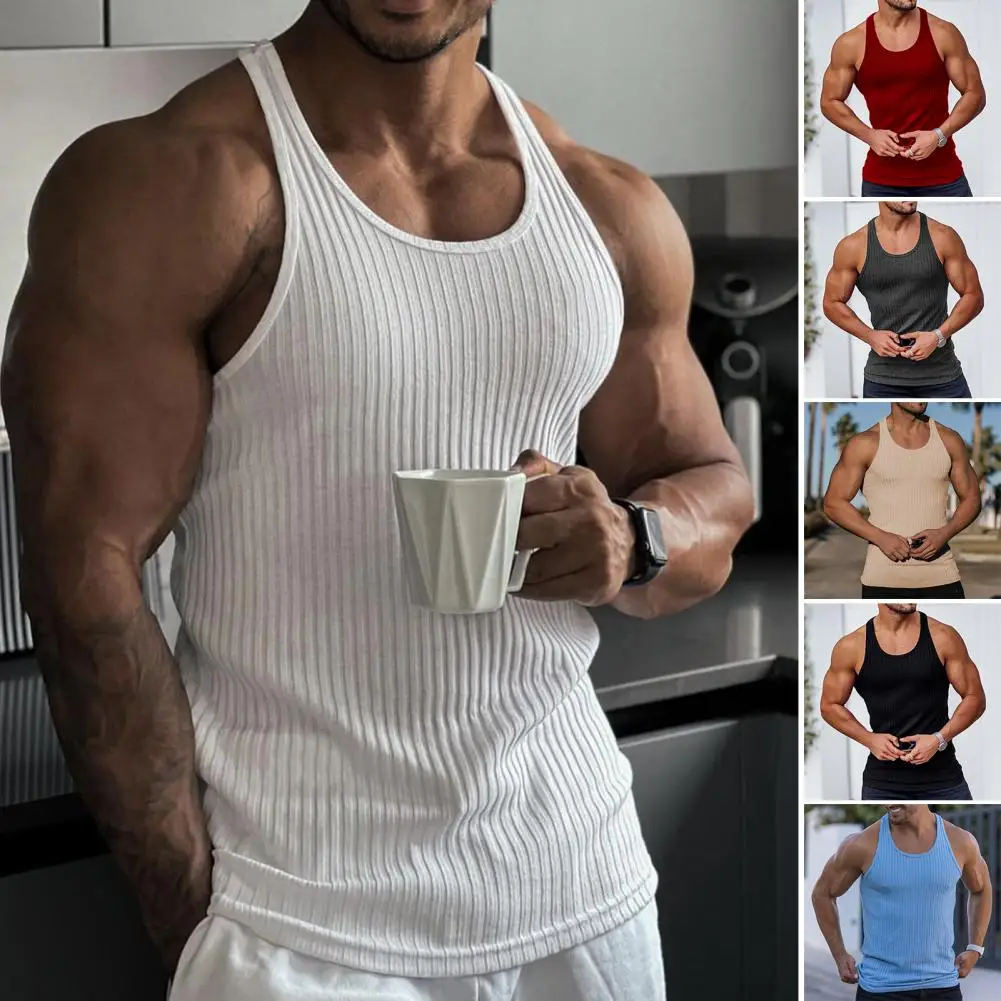 

Casual Men O-Neck Tank Tops Sleeveless Racerback Vest Summer Solid Color Fitness Ribbed Pullovers Tops Bodybuilding Gym Clothing