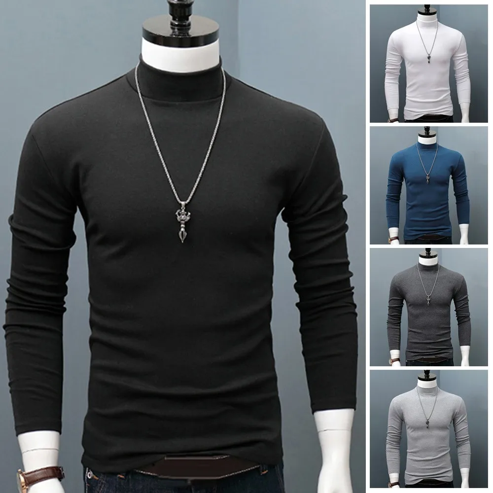 Winter Warm Mens Mock Neck Basic Plain T Shirt Blouse Pullover Long Sleeve Top Male Outwear Slim Fit Stretch Fashion Sweater