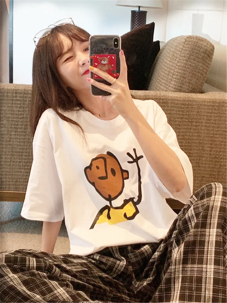 

H.sa 2022 New Women Ins Solid O-Neck T-shirt Summer Cotton Short-Sleeve Tees Graffiti Cartoon Printing Chic Loose Female Tops