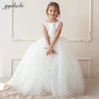 simple white a line flower girl dresses for wedding party tulle pleated ball gown backless zip up princess first communion gowns