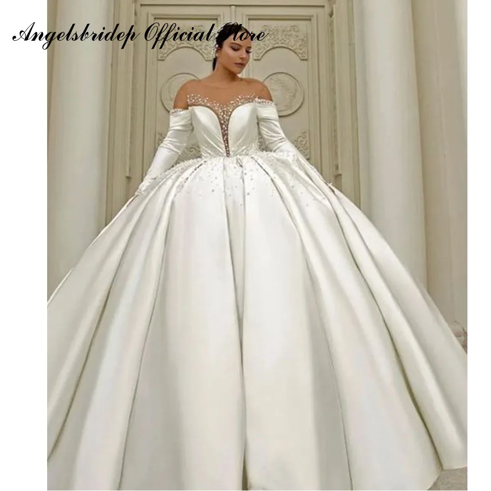 

Angelsbridep Ball Gown Wedding Dresses Scoop Neck Bride Dress Long Sleeves Satin Vestidos De Novia Dubai African Robe De Mariée