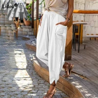 women 2022 for spring summer new fashion solid color pockets cotton linen casual wide leg trousers beach loose pencil long pants