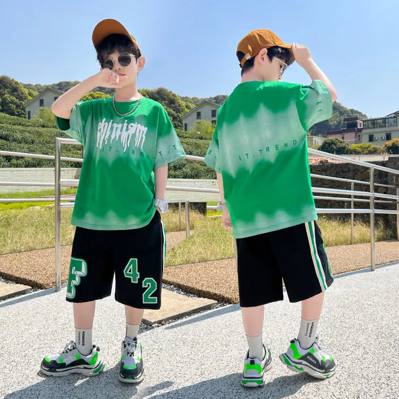 Big Boys Summer Tie-Dye Clothing Suits 4-14 Years Kids Teenager Cotton Letter Print Short Sleeve Tshirts+Shorts 2PC Clothes Sets