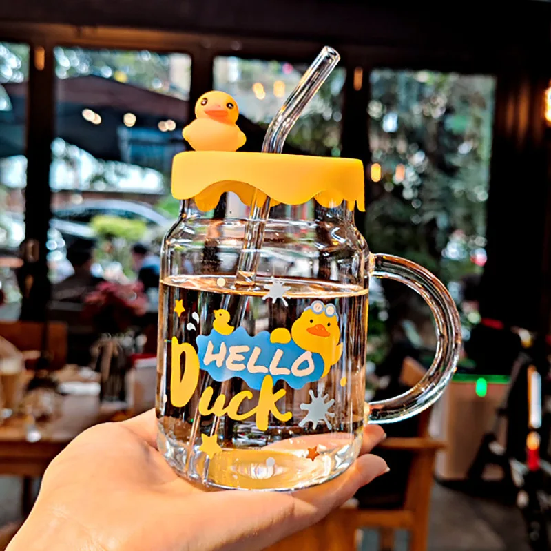 

Yellow Duck Glass Water Cup with Lid Breakfast Resistant To High Temperature with Handle Cute Children Home Drinking Utensils