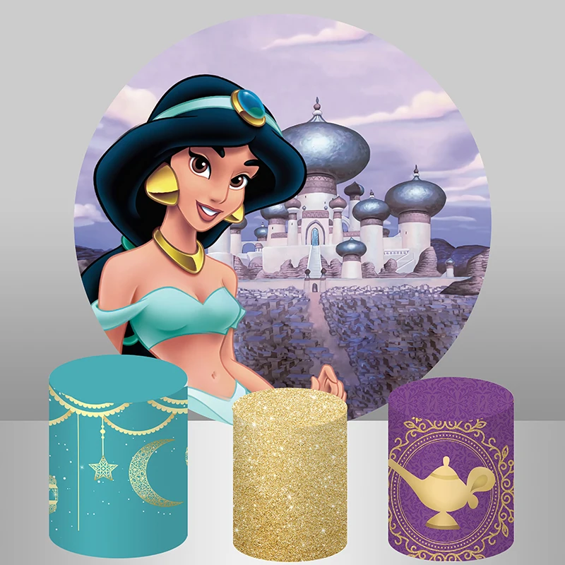 

Aladdin Princess Jasmine Round Backdrop For Girls Birthday Party Circle Backgrounds Gold Glitter Purple Turquoise Plinth Covers