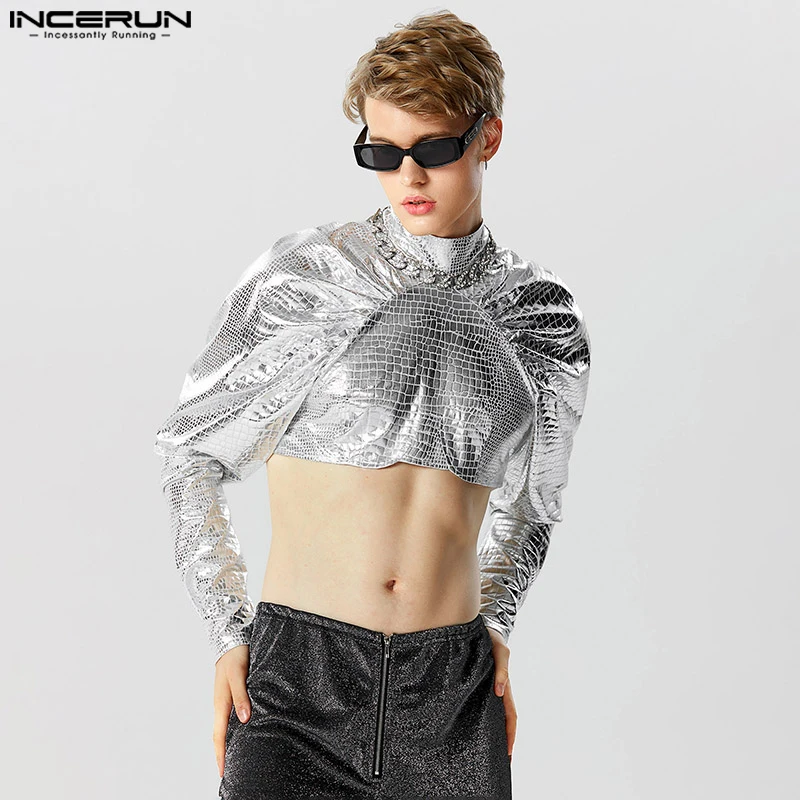 

Stylish Hot Sale Tops INCERUN Handsome New Men Flash Cropped Half High Neck T-shirts Raglan Bubble Sleeve Long Sleeve Tees S-5XL