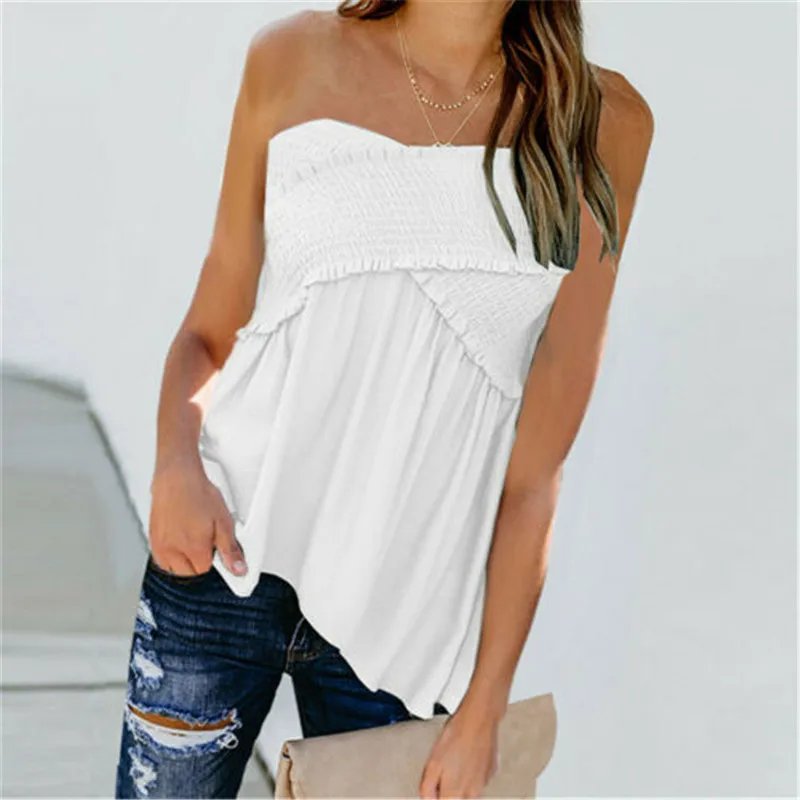 

Women Fashion White Red Black Bandeau Strapless Tops 2021 Summer Female Sexy Vacation Tube Tops Ladies Solid Sleeveless T-shirts
