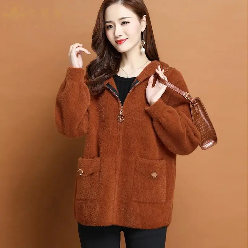 Parkas Women's Outdoors Coats 2022 Winter Faux Fur Imitation Mink Velvet Zipper Splicing Hooded Cardigan Casual Jackets Woman