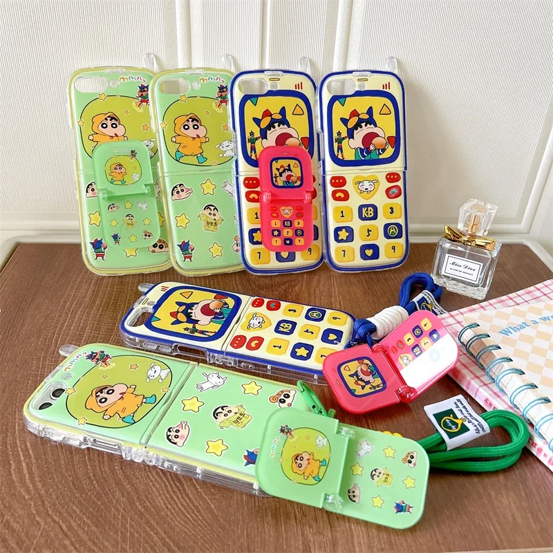 

Cute Crayons shinchans hand strap with stand Phone Case for Samsung Galaxy Z Flip 3 4 Hard PC Back Cover for Z Flip 5 Case Case