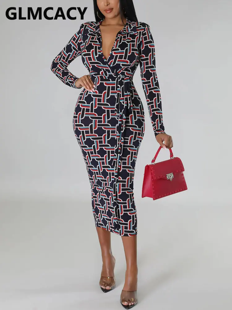 

Women Long Sleeve V Neck Elegant Midi Dress