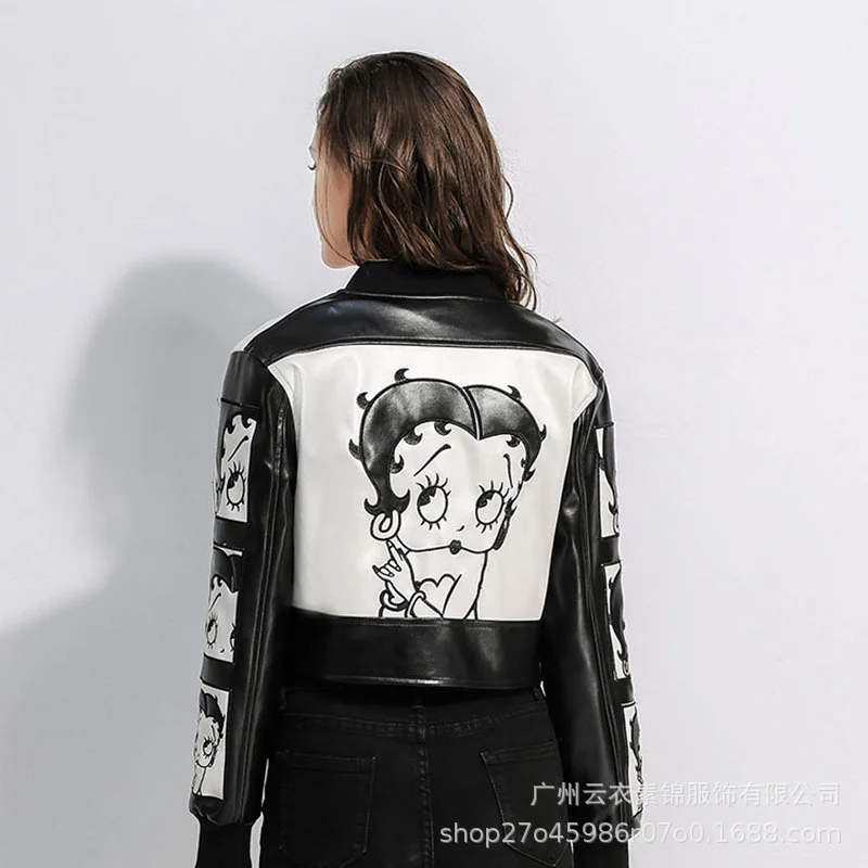 Short Fashionable Leather Jacket In Spring And Autumn Women'S Black And White Fashion Embroidery Locomotive Slim Coat Letter Jac enlarge