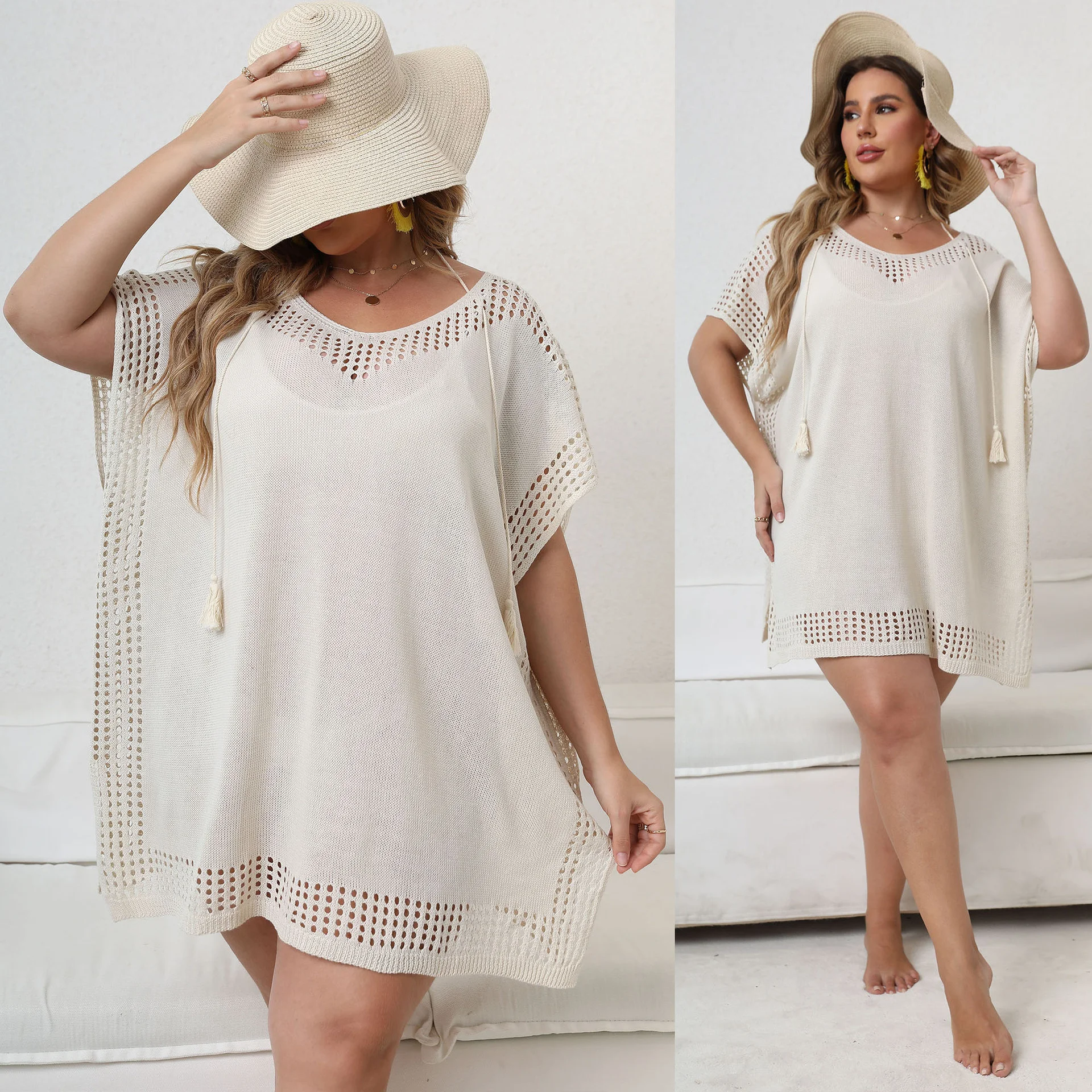 Plus Size Beach Dress Women Fashion Hollow Stitching Machine Woven Dress Casual Lady V-neck Loose Smock Dress Large Size Female