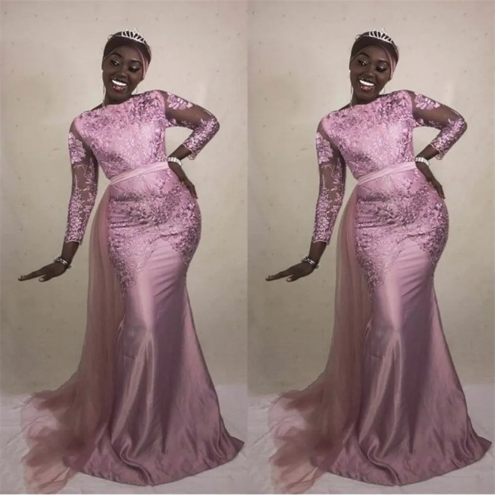 

Розовые кружевные Вечерние платья Русалка с длинным рукавом нарукавник платья для выпускного вечера для девушек в африканском стиле на день рождения