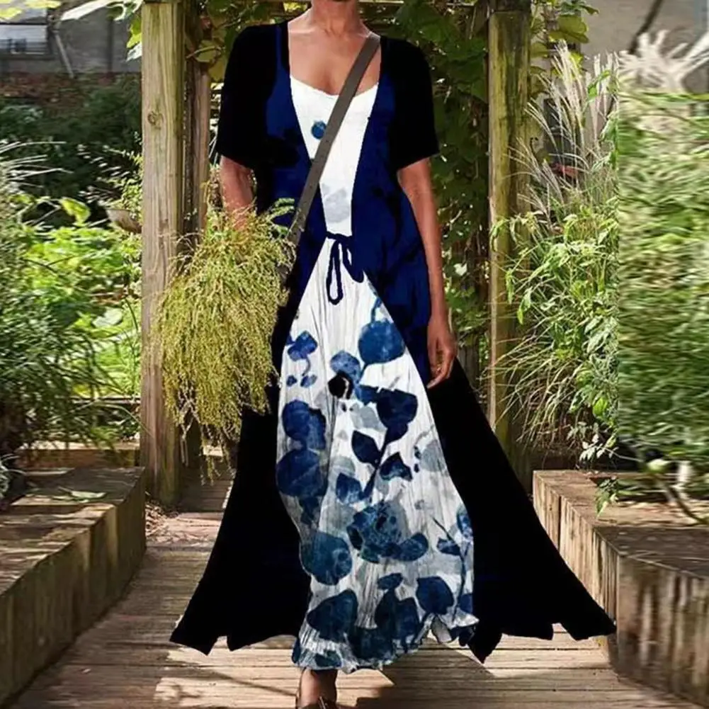 

2022 Elegant Floral Print Women Two Peice Set Casual O Neck Loose Dress Outwear Cardigan Coat Spring Robe Outfits платье женское