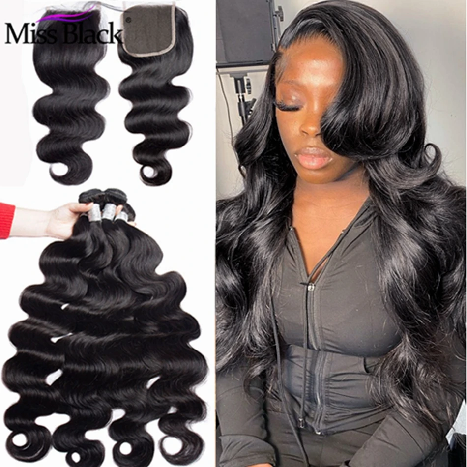Miss Black Body Wave 3/4 Bundles Human Hair Extension With 4*4 Lace Closure Brazilian Remy Human Hair Weave for Black Women