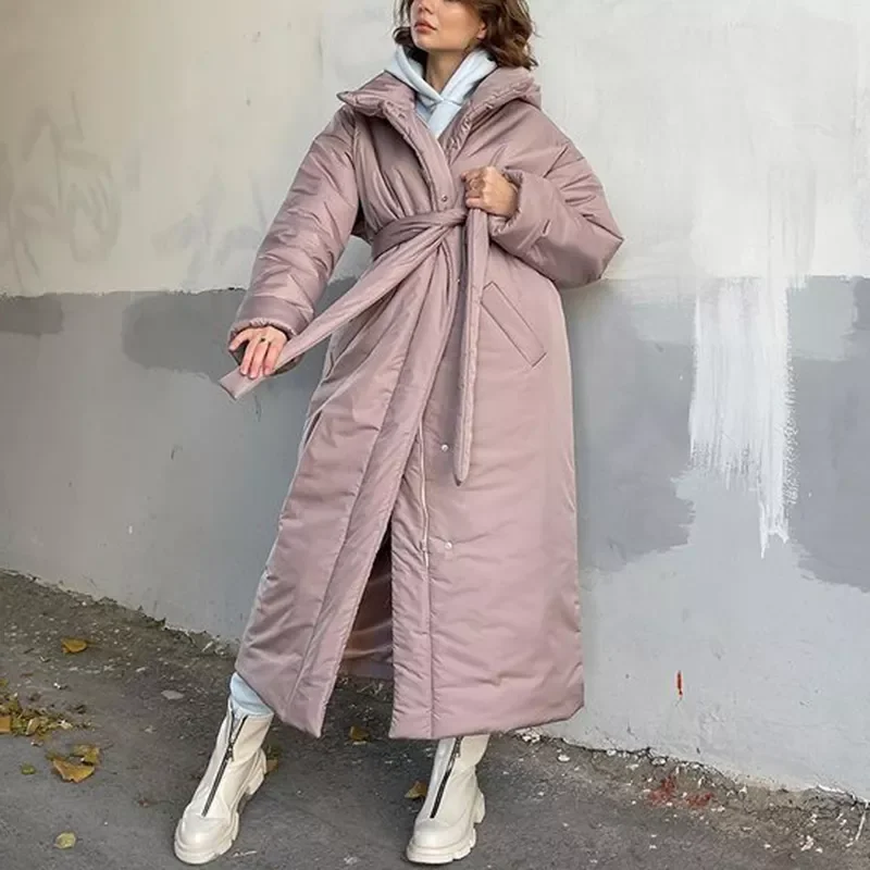 

2022New Winter Solid Hooded Parkas Women Fashion Tie Belt Collected Waisted Coats Women Elegant Long Cotton Jackets Female Ladie