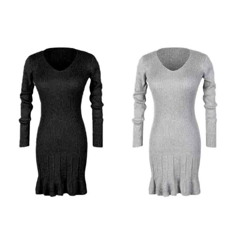 

Spring, Autumn And Winter Women's V-Neck Knitted Dress With Ruffled Calf Length Pleated Fashion Dress
