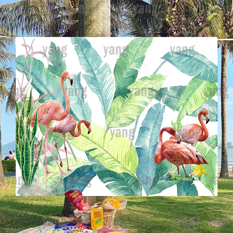 

Pink Flamingo Customize Happy Birthday Party Backdrop Banner Newborn Girls Jungle Green Leaves Background for Photo Decoration