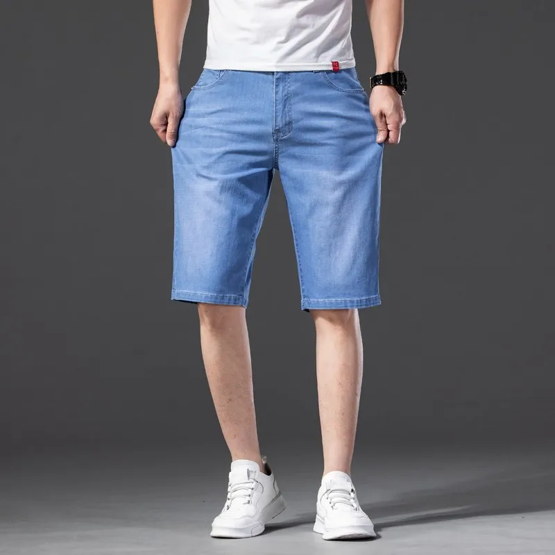 

2021 Summer Brand Stretch Thin High Quality Cotton Denim Jeans Men Knee Length Soft Light Blue Casual Shorts Plus Size 28-46