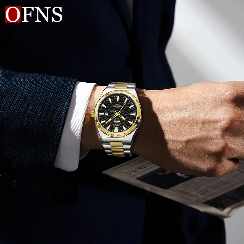 Фото Мужские кварцевые часы OFNS 5319 с люминесцентными стрелками, календарем и стальным браслетом, для делового и повседневного стиля. №3