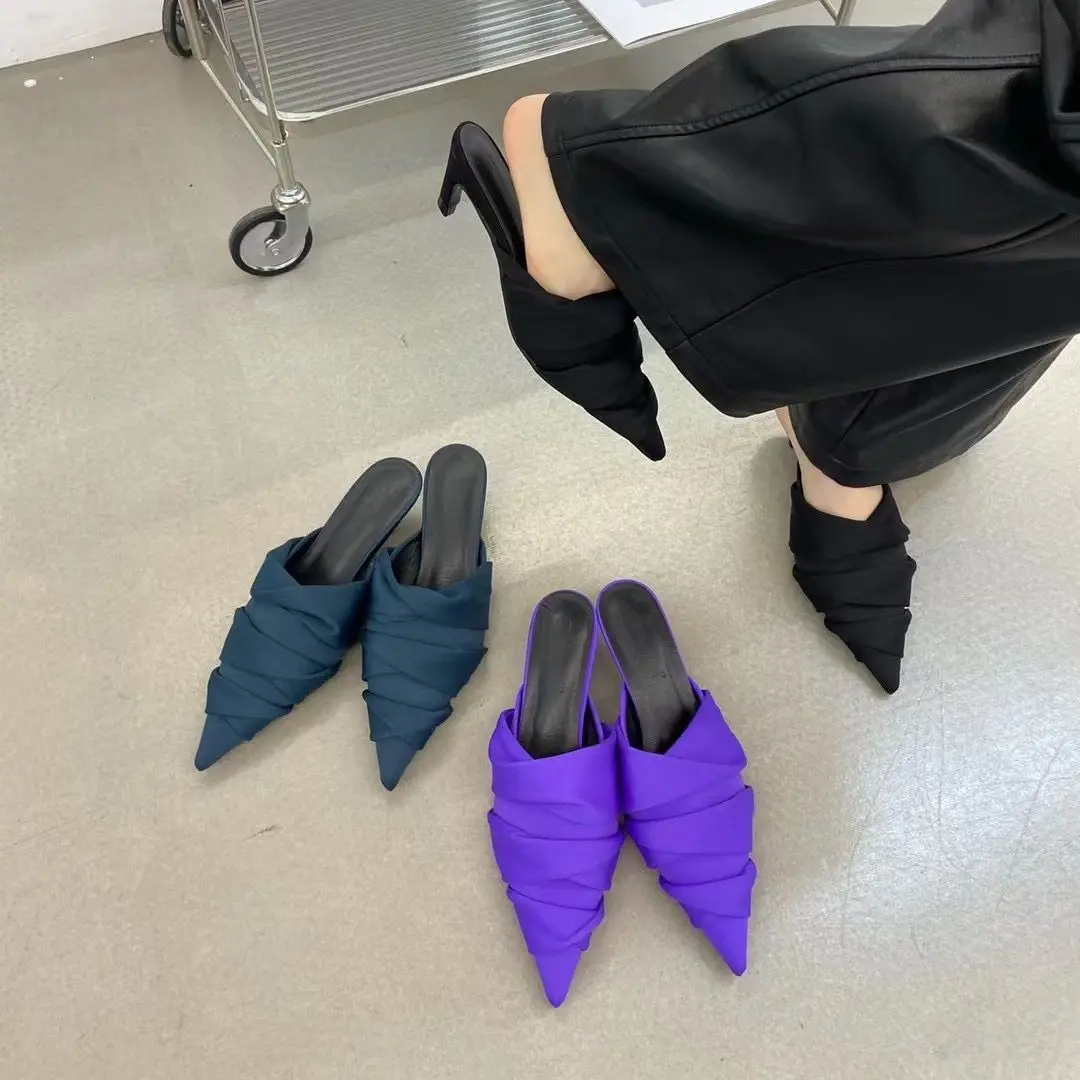 

Fashion Women Slippers Slides Pointed Toe Summer Outside Slides Mules Shoes Thick Mid Heels Purple Blue Black Ladies Slippers