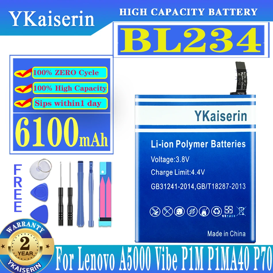 

Новый настоящий аккумулятор ykaisсеребрин BL234 6100 мАч с клейкой лентой 3M для Lenovo A5000 Vibe P1M P1MA40 P70 P70t P70-T P70A