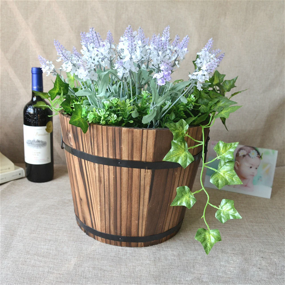 

Planter Wooden Flower Pot Planters Bucket Pots Rustic Outdoor Garden Wood Round Succulent Box Whiskey Large Retro Container