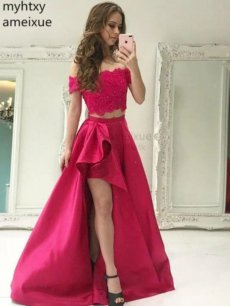 

Соблазнительные стильные вечерние платья из двух частей, ярко-розовые кружевные атласные вечерние платья на заказ, длинное платье для выпускного вечера, официальное платье, длинное красное вечернее платье