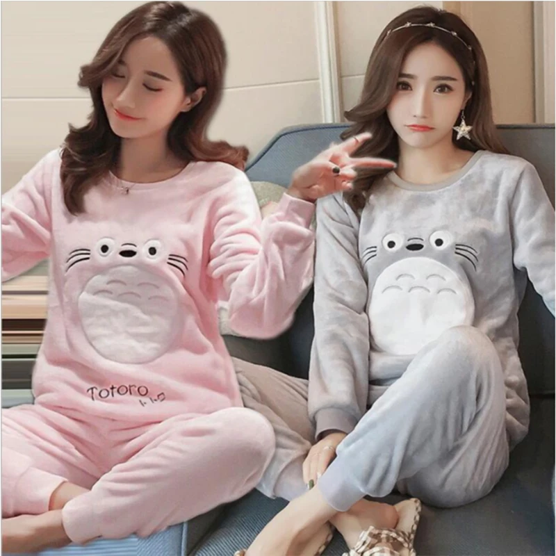 Winter new flannel pajamas women's velvet pink gray round neck suit coral fleece thickened M-2XL home service women's pajamas