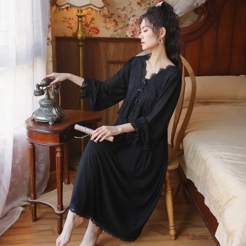 Roseheart New Women Homewear Female White Black Sexy Sleepwear Night Dress Long Lace V Neck Nightwear Nightgown Court Mesh